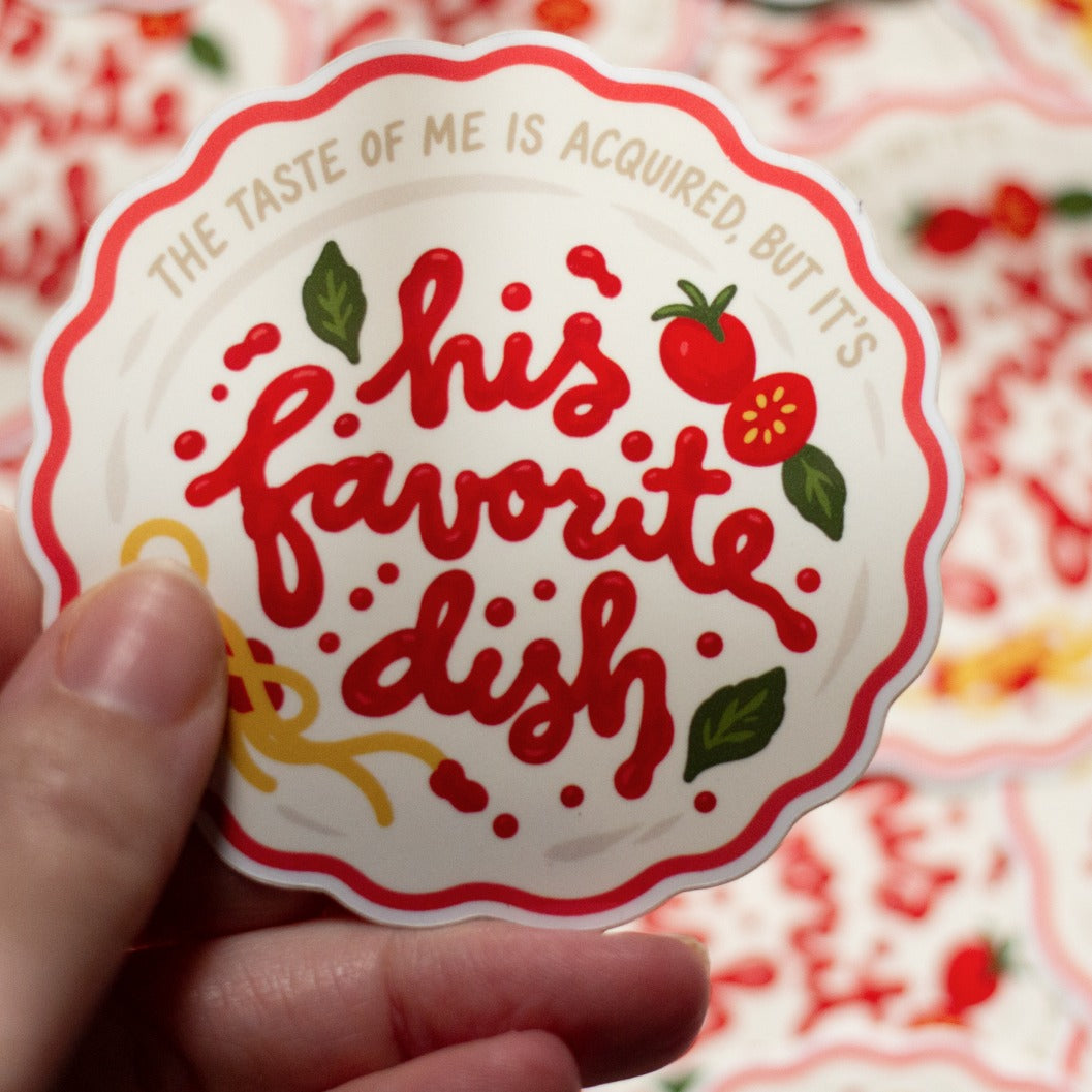 His Favorite Dish sticker in hand