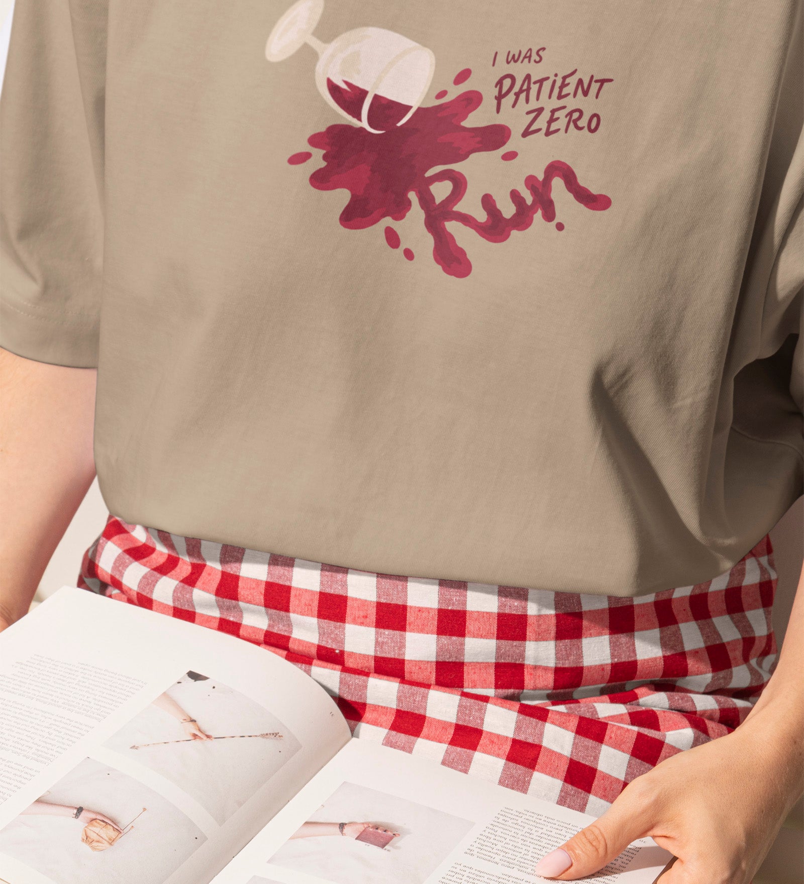 I Was Patient Zero tee in Khaki, on model