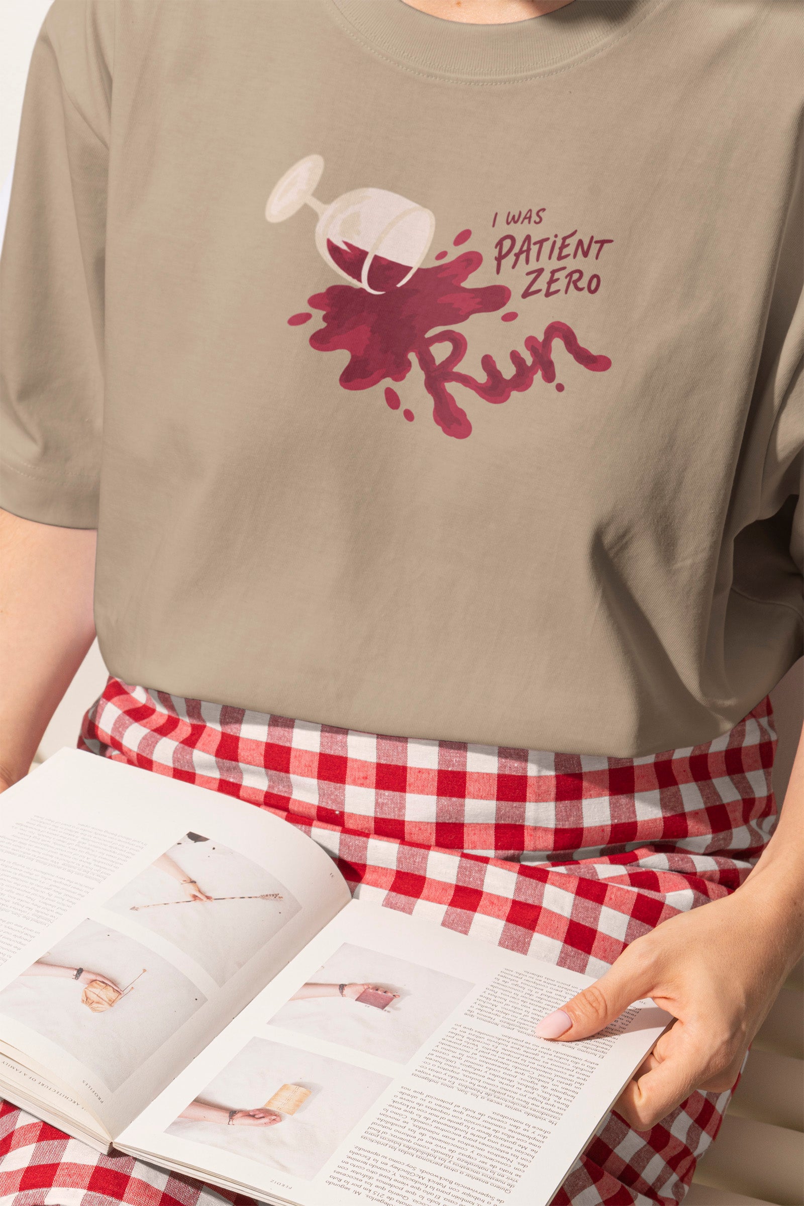 I Was Patient Zero tee in Khaki, on model