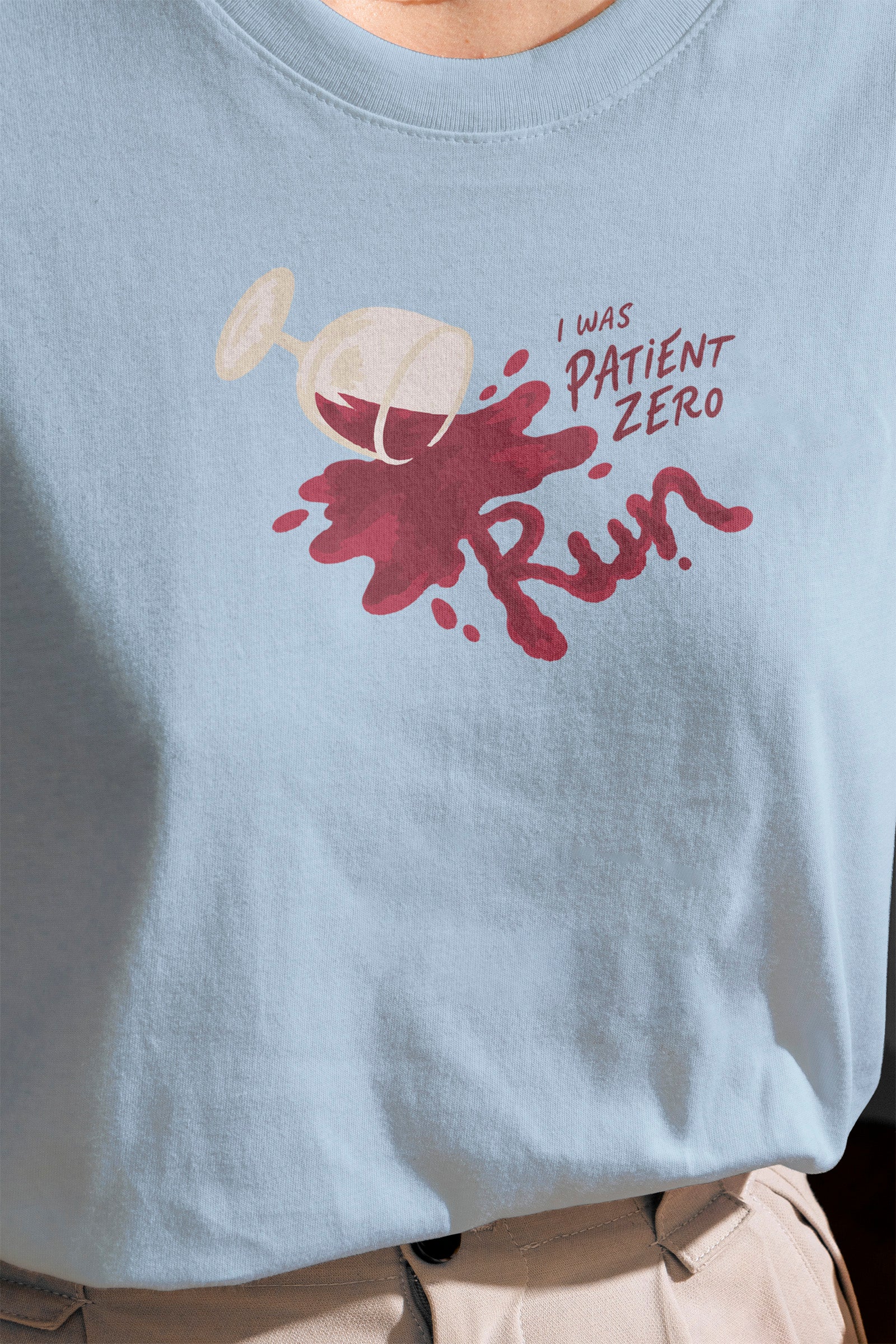 I Was Patient Zero tee in Chambray, on model
