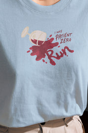 I Was Patient Zero tee in Chambray, on model