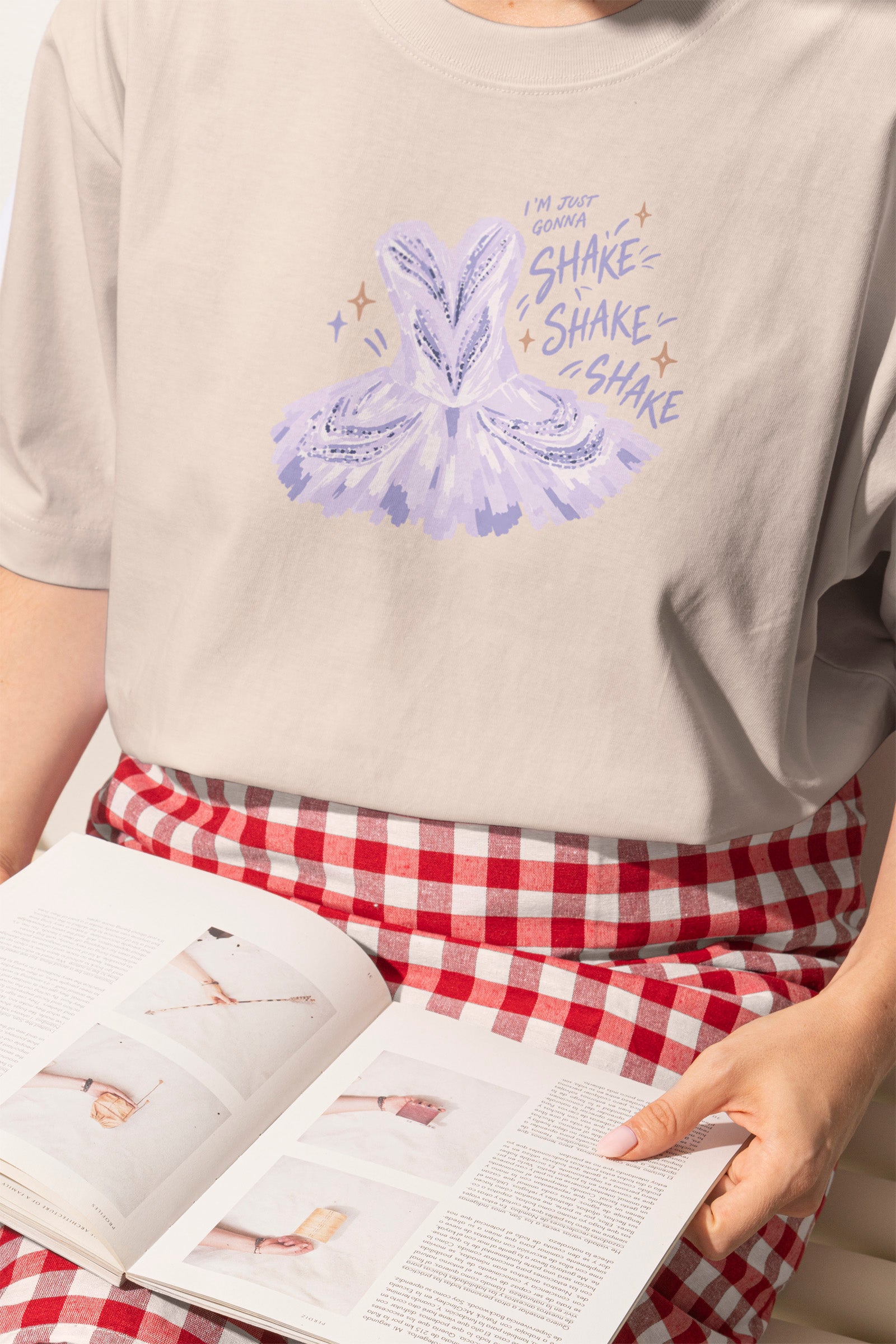 I'm Just Gonna Shake Shake Shake tee in Ivory, on model