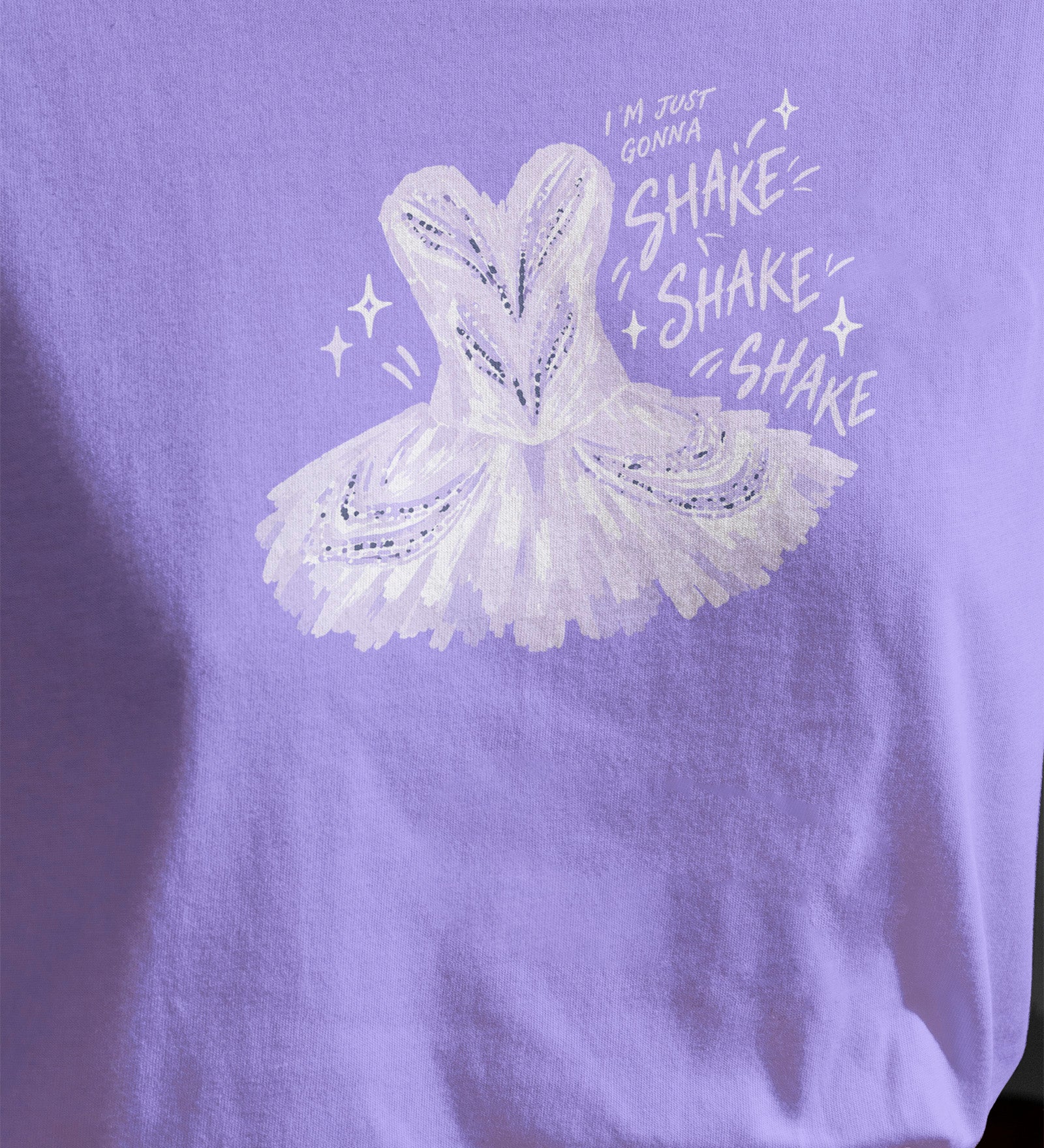 I'm Just Gonna Shake Shake Shake tee in Violet, on model