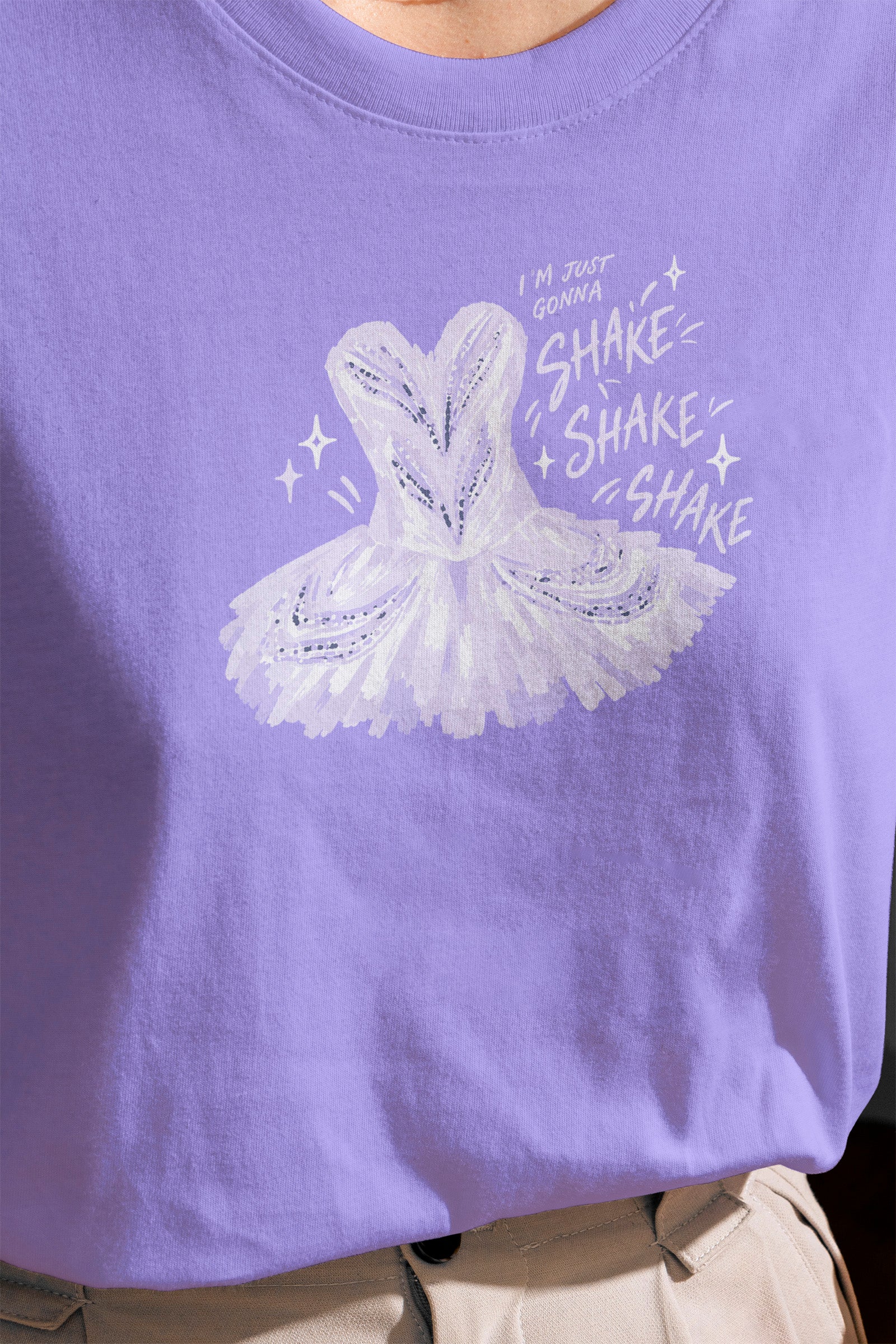 I'm Just Gonna Shake Shake Shake tee in Violet, on model