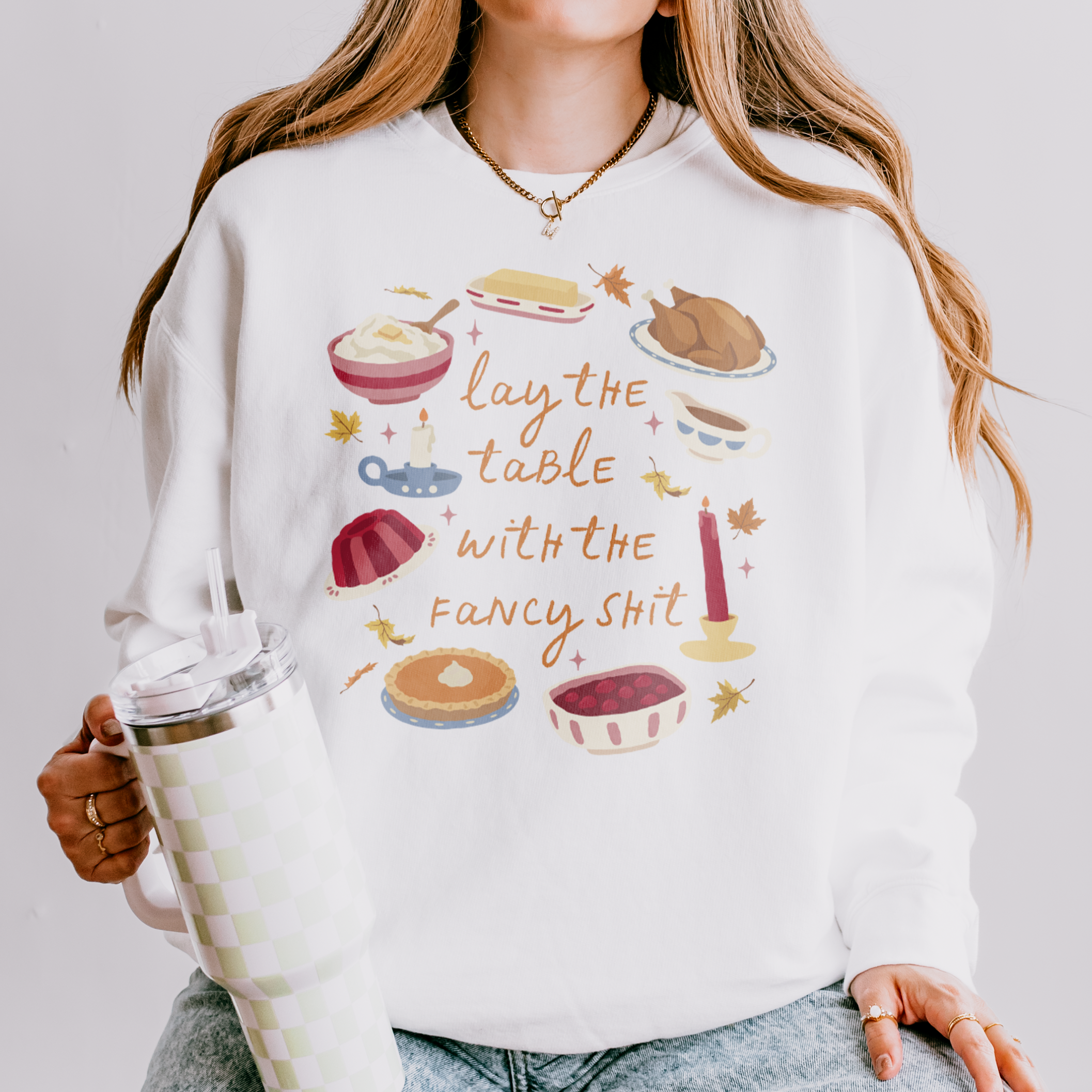Lay the Table Thanksgiving Crewneck in Ivory, on model