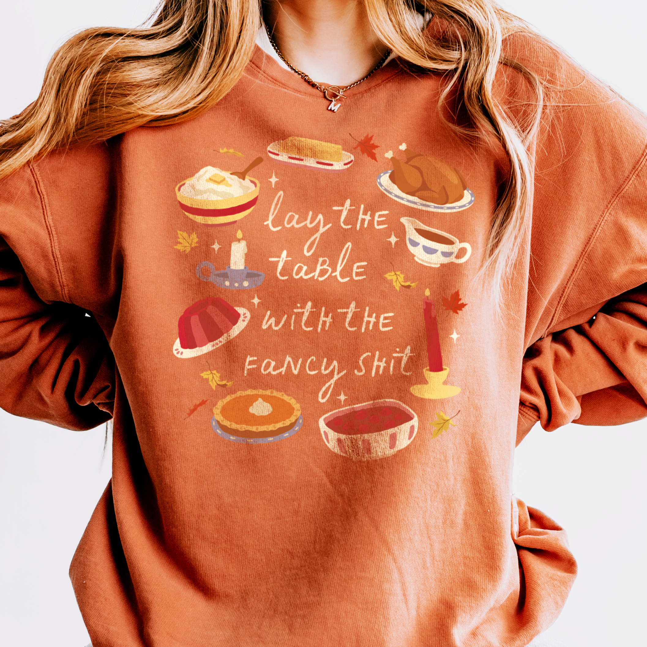 Lay the Table Thanksgiving Crewneck in Yam, on model