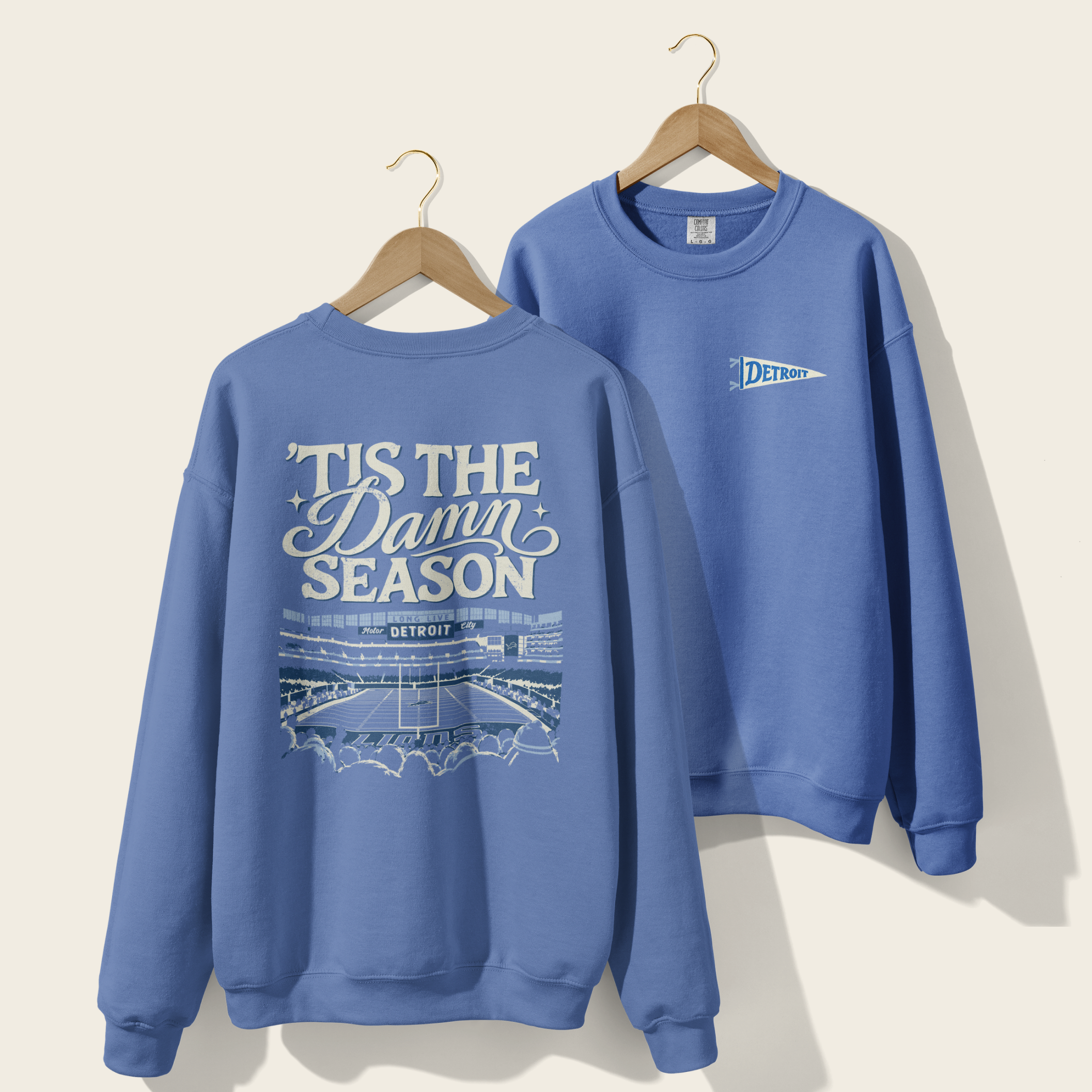 ’Tis the Damn Season Detroit Stadium Crewneck in Flo Blue