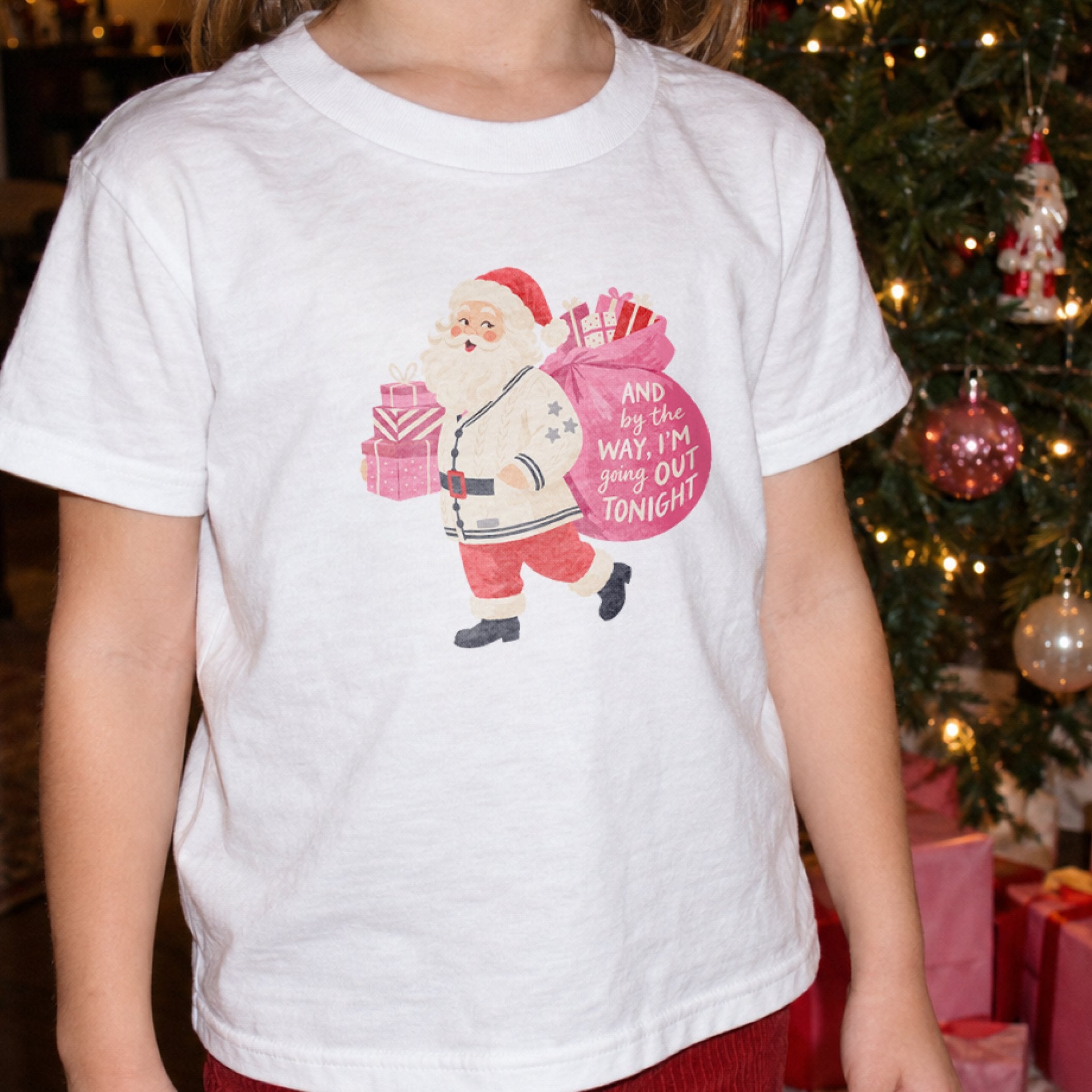 Kid's Bejeweled Santa Tee in White, on model